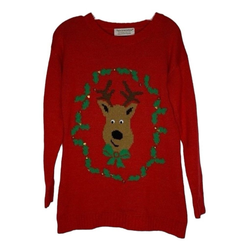 Tiara International Sweater Women’s M Red Green Reindeer Christmas Holiday Bells